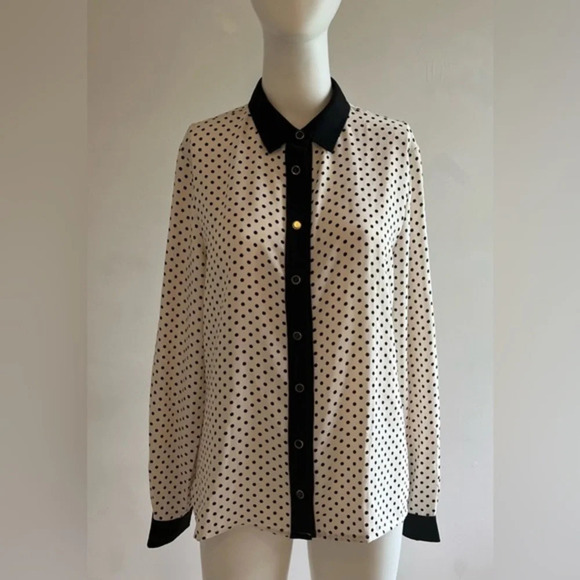 Anne Klein Polka Dot Printed Contrast trim Shirt White Black Long Sleeve 10 NWT - Picture 1 of 11